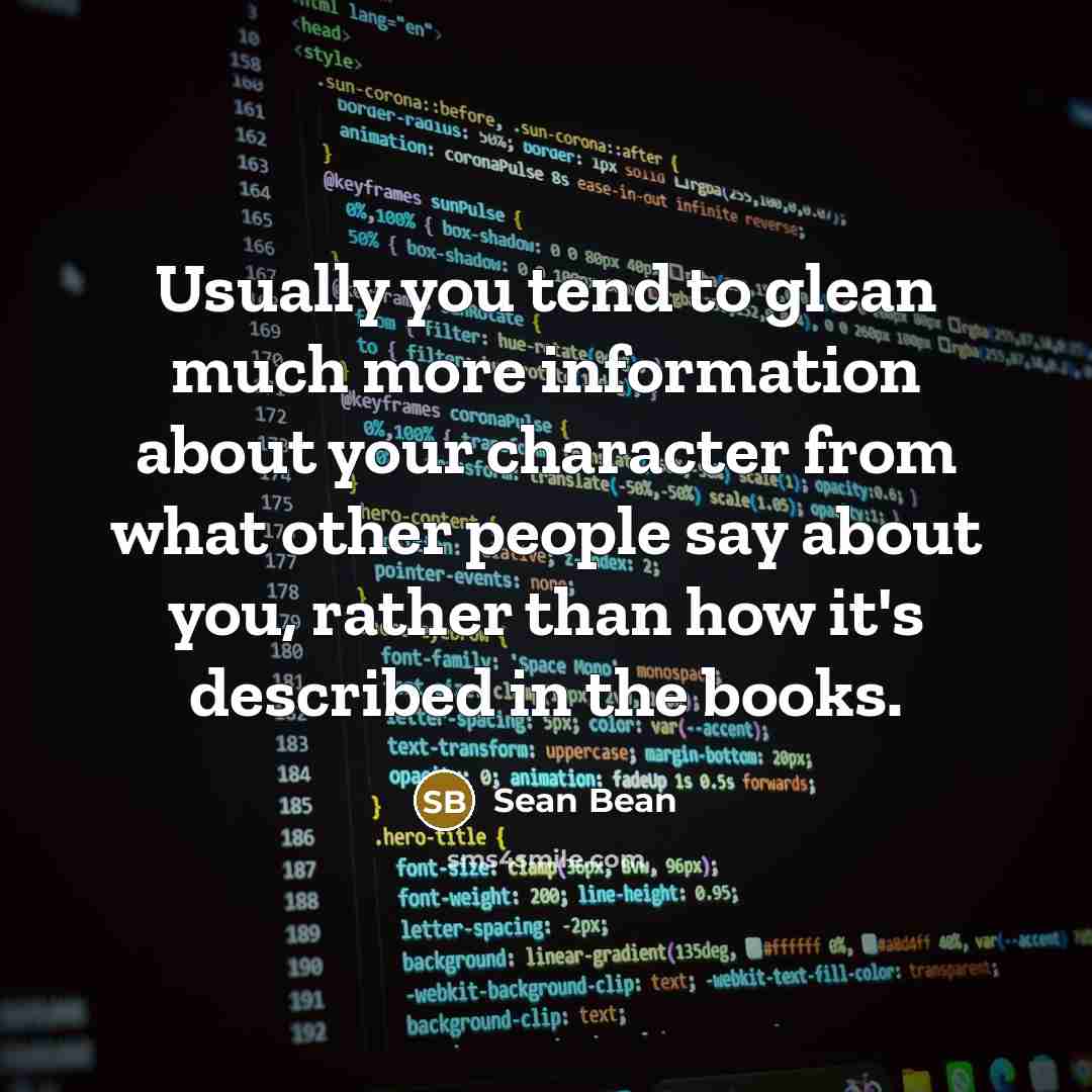 “Usually you tend to glean much more information about your character from what other people say about you, rather than how it's described in the books.” quote by Sean Bean