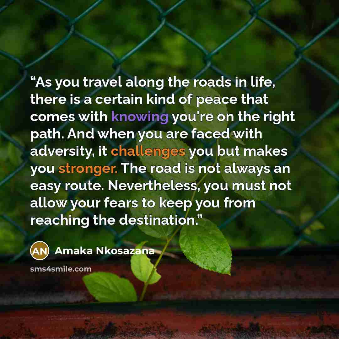 “As you travel along the roads in life, there is a certain kind of peace that comes with knowing you're on the right path. And when you are faced with adversity, it challenges you but makes you stronger. The road is not always an easy route. Nevertheless, you must not allow your fears to keep you…” quote by Amaka Nkosazana