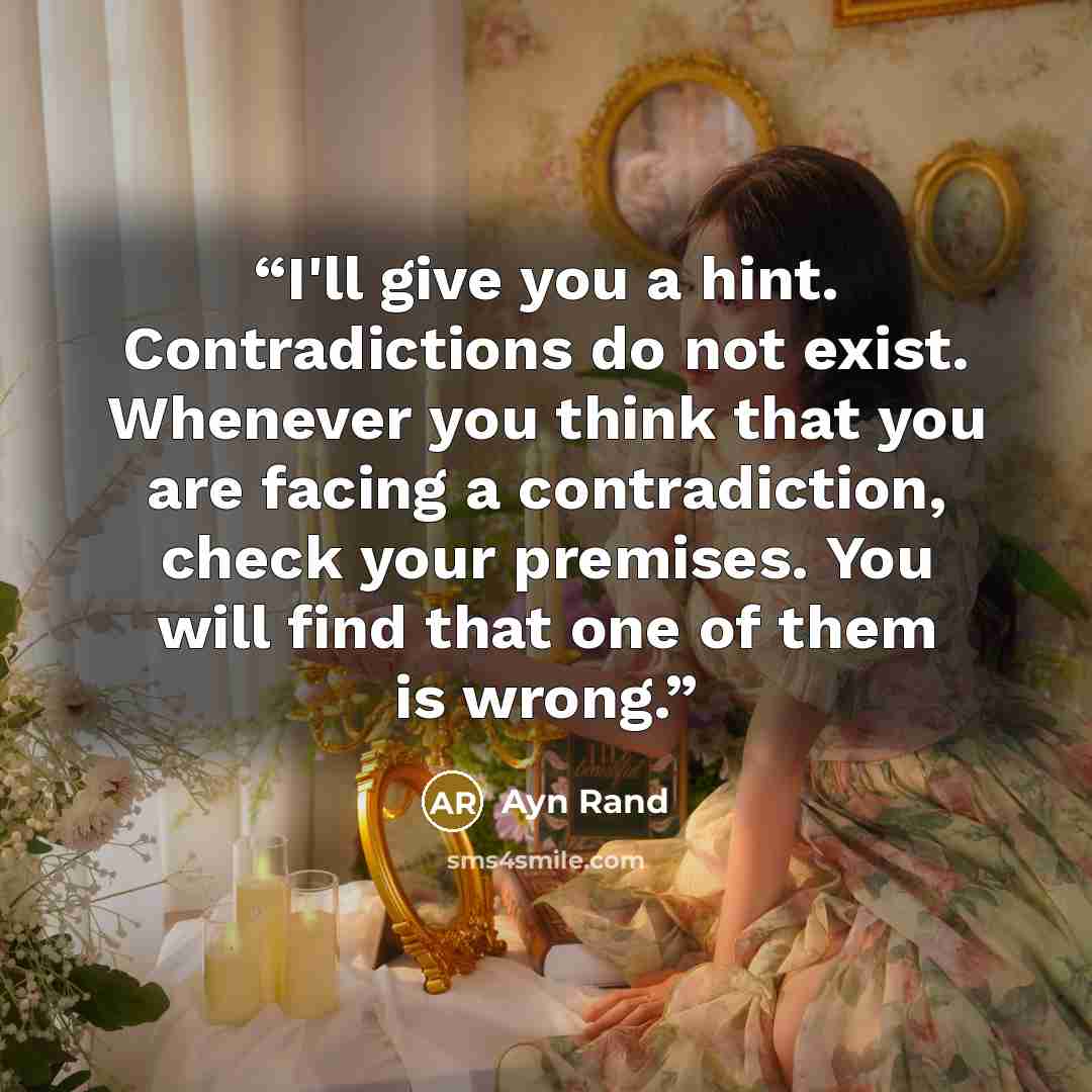 “I'll give you a hint. Contradictions do not exist. Whenever you think that you are facing a contradiction, check your premises. You will find that one of them is wrong.” quote by Ayn Rand
