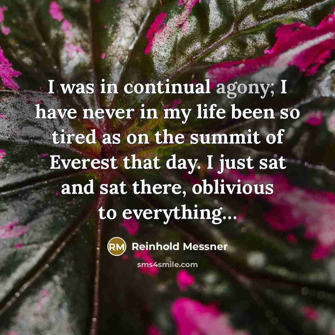 “I was in continual agony; I have never in my life been so tired as on the summit of Everest that day. I just sat and sat there, oblivious to everything…” quote by Reinhold Messner