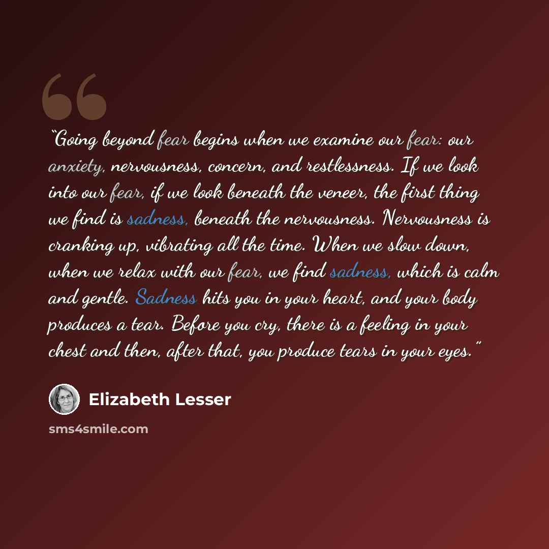 “Going beyond fear begins when we examine our fear: our anxiety, nervousness, concern, and restlessness. If we look into our fear, if we look beneath the veneer, the first thing we find is sadness, beneath the nervousness. Nervousness is cranking up, vibrating all the time. When we slow down, when…” quote by Elizabeth Lesser