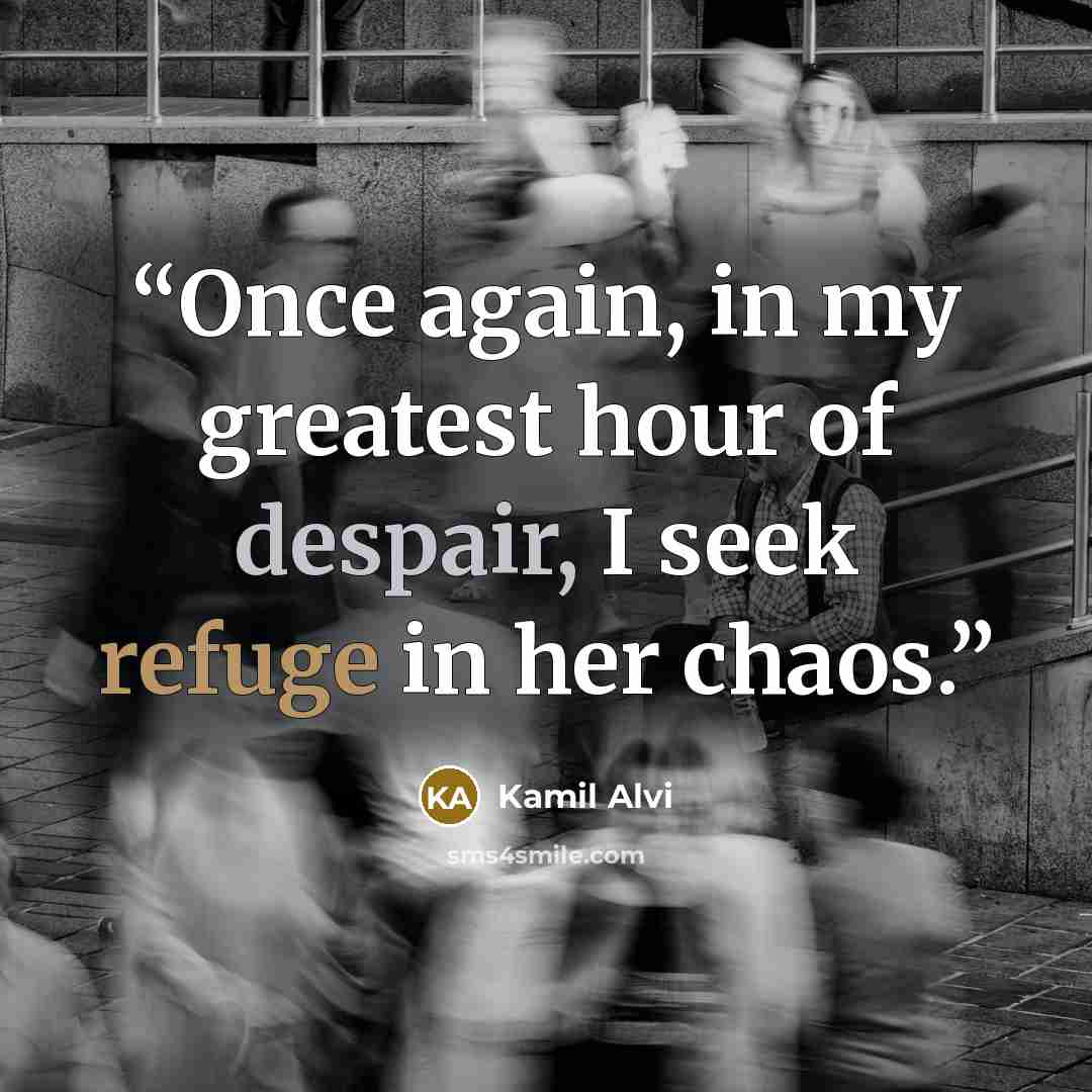 “Once again, in my greatest hour of despair, I seek refuge in her chaos.” quote by Kamil Alvi