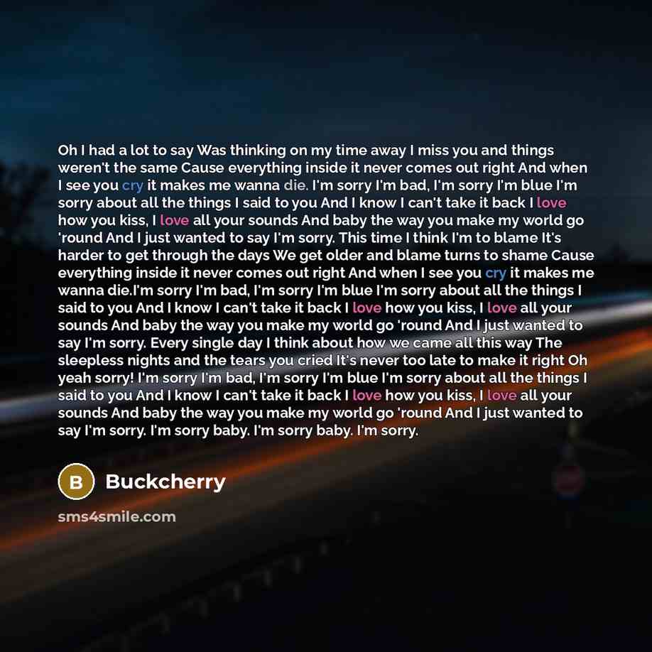 “Oh I had a lot to say Was thinking on my time away I miss you and things weren't the same Cause everything inside it never comes out right And when I see you cry it makes me wanna die. I'm sorry I'm bad, I'm sorry I'm blue I'm sorry about all the things I said to you And I know I can't take it…” quote by Buckcherry
