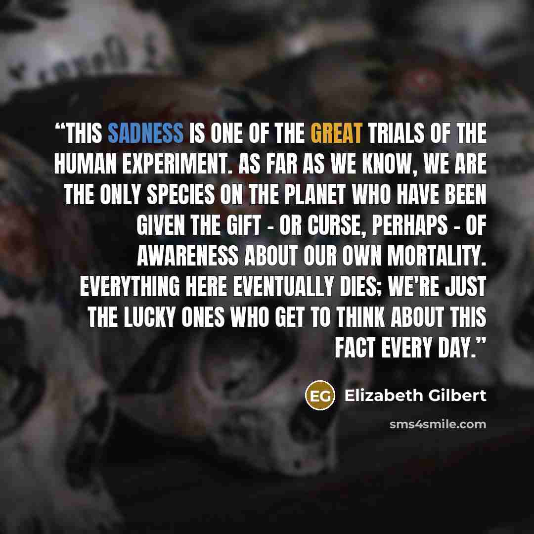 “This sadness is one of the great trials of the human experiment. As far as we know, we are the only species on the planet who have been given the gift - or curse, perhaps - of awareness about our own mortality. Everything here eventually dies; we're just the lucky ones who get to think about this…” quote by Elizabeth Gilbert