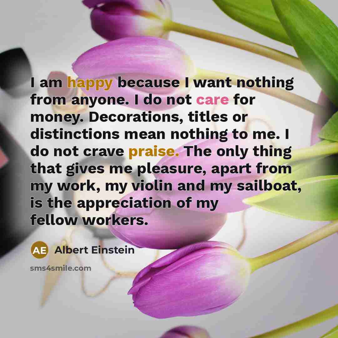 “I am happy because I want nothing from anyone. I do not care for money. Decorations, titles or distinctions mean nothing to me. I do not crave praise. The only thing that gives me pleasure, apart from my work, my violin and my sailboat, is the appreciation of my fellow workers.” quote by Albert Einstein
