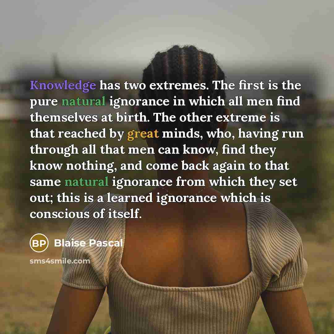 “Knowledge has two extremes. The first is the pure natural ignorance in which all men find themselves at birth. The other extreme is that reached by great minds, who, having run through all that men can know, find they know nothing, and come back again to that same natural ignorance from which they…” quote by Blaise Pascal