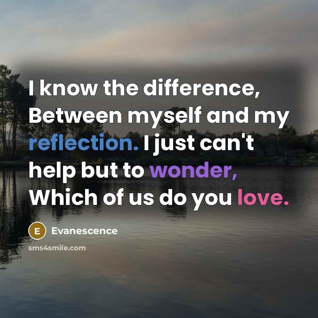 “I know the difference, Between myself and my reflection. I just can't help but to wonder, Which of us do you love.” quote by Evanescence