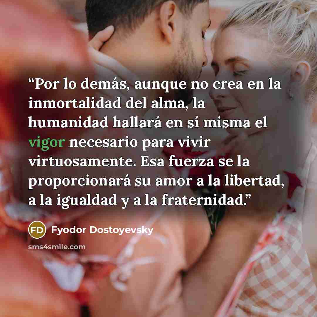 “Por lo demás, aunque no crea en la inmortalidad del alma, la humanidad hallará en sí misma el vigor necesario para vivir virtuosamente. Esa fuerza se la proporcionará su amor a la libertad, a la igualdad y a la fraternidad.” quote by Fyodor Dostoyevsky