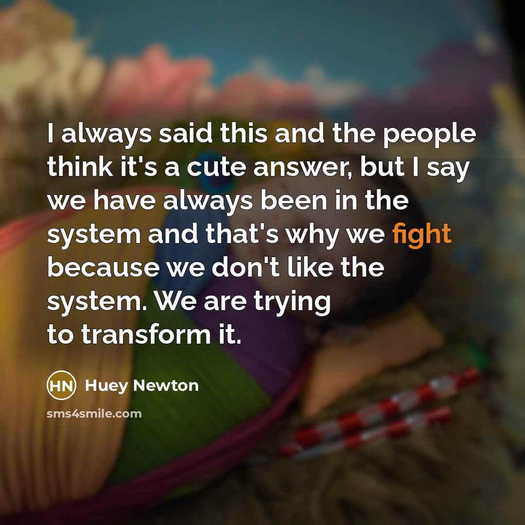 “I always said this and the people think it's a cute answer, but I say we have always been in the system and that's why we fight because we don't like the system. We are trying to transform it.” quote by Huey Newton