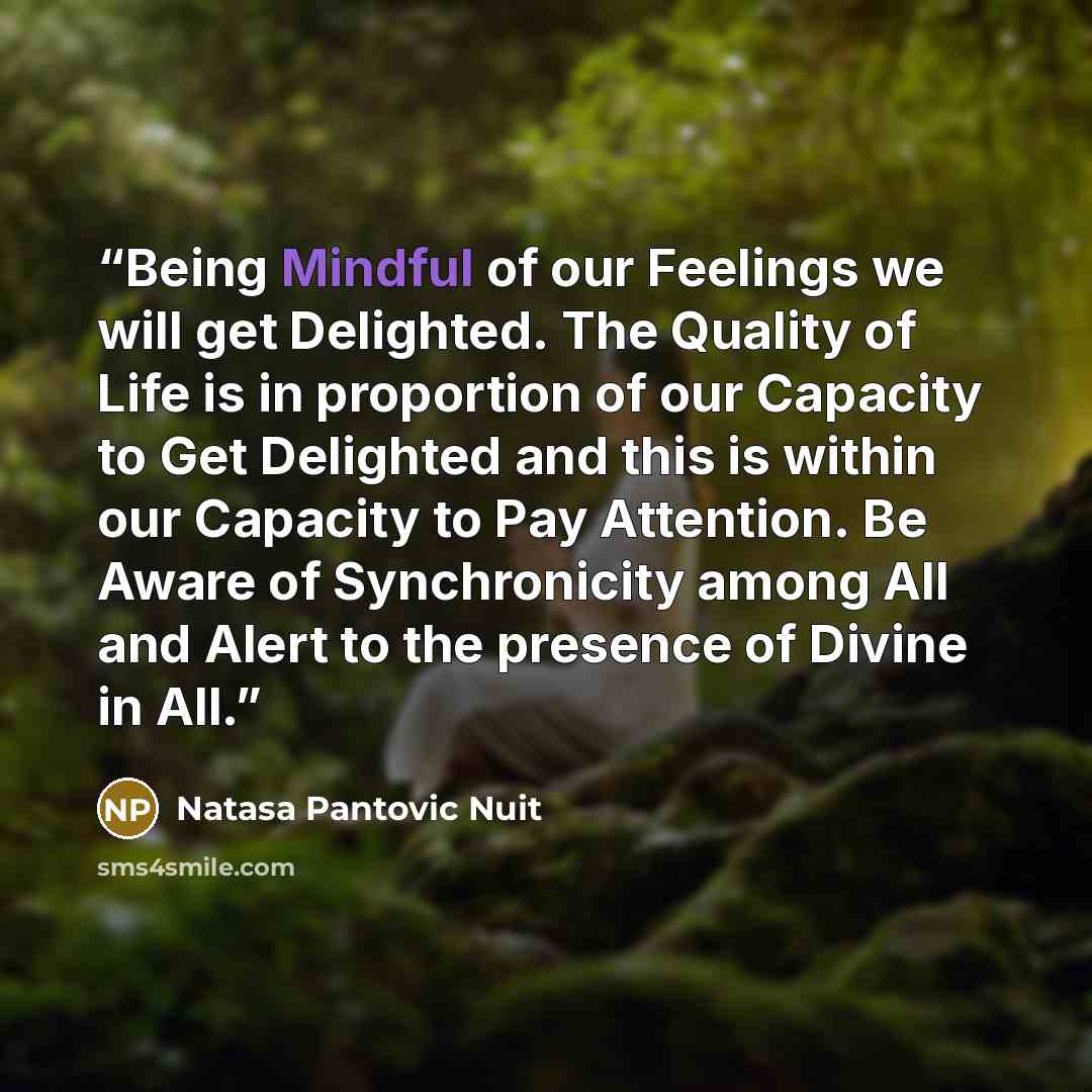 “Being Mindful of our Feelings we will get Delighted. The Quality of Life is in proportion of our Capacity to Get Delighted and this is within our Capacity to Pay Attention. Be Aware of Synchronicity among All and Alert to the presence of Divine in All.” quote by Natasa Pantovic Nuit