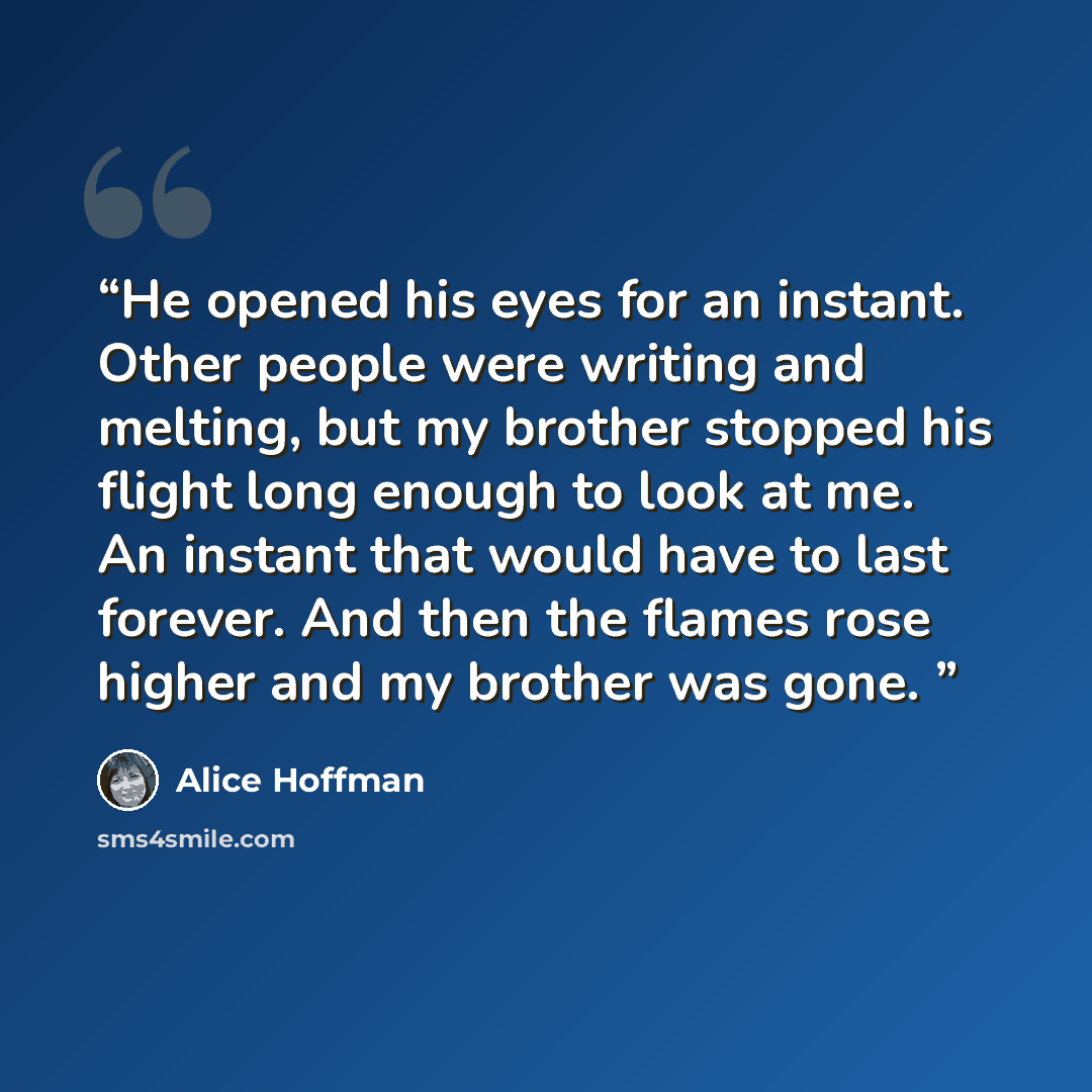 “He opened his eyes for an instant. Other people were writing and melting, but my brother stopped his flight long enough to look at me. An instant that would have to last forever. And then the flames rose higher and my brother was gone.” quote by Alice Hoffman