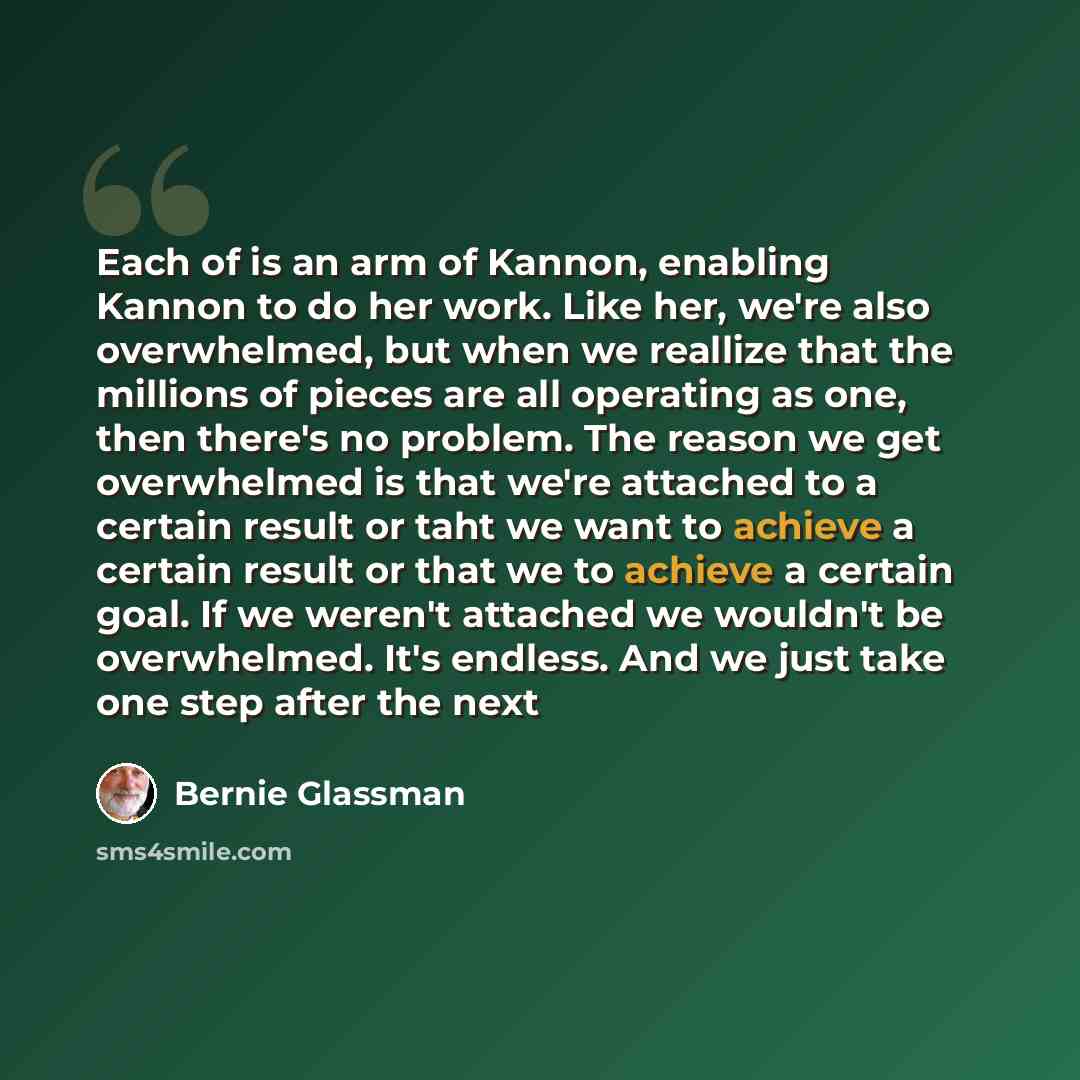 “Each of is an arm of Kannon, enabling Kannon to do her work. Like her, we're also overwhelmed, but when we reallize that the millions of pieces are all operating as one, then there's no problem. The reason we get overwhelmed is that we're attached to a certain result or taht we want to achieve a…” quote by Bernie Glassman