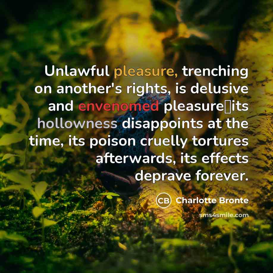 “Unlawful pleasure, trenching on another's rights, is delusive and envenomed pleasureits hollowness disappoints at the time, its poison cruelly tortures afterwards, its effects deprave forever.” quote by Charlotte Bronte