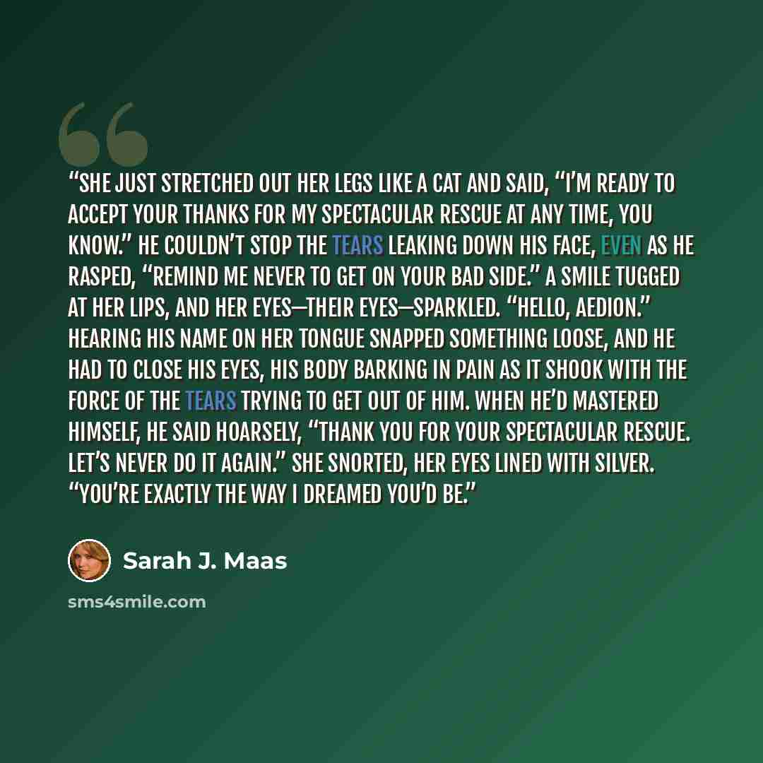 “She just stretched out her legs like a cat and said, “I’m ready to accept your thanks for my spectacular rescue at any time, you know.” He couldn’t stop the tears leaking down his face, even as he rasped, “Remind me never to get on your bad side.” A smile tugged at her lips, and her eyes—their…” quote by Sarah J. Maas