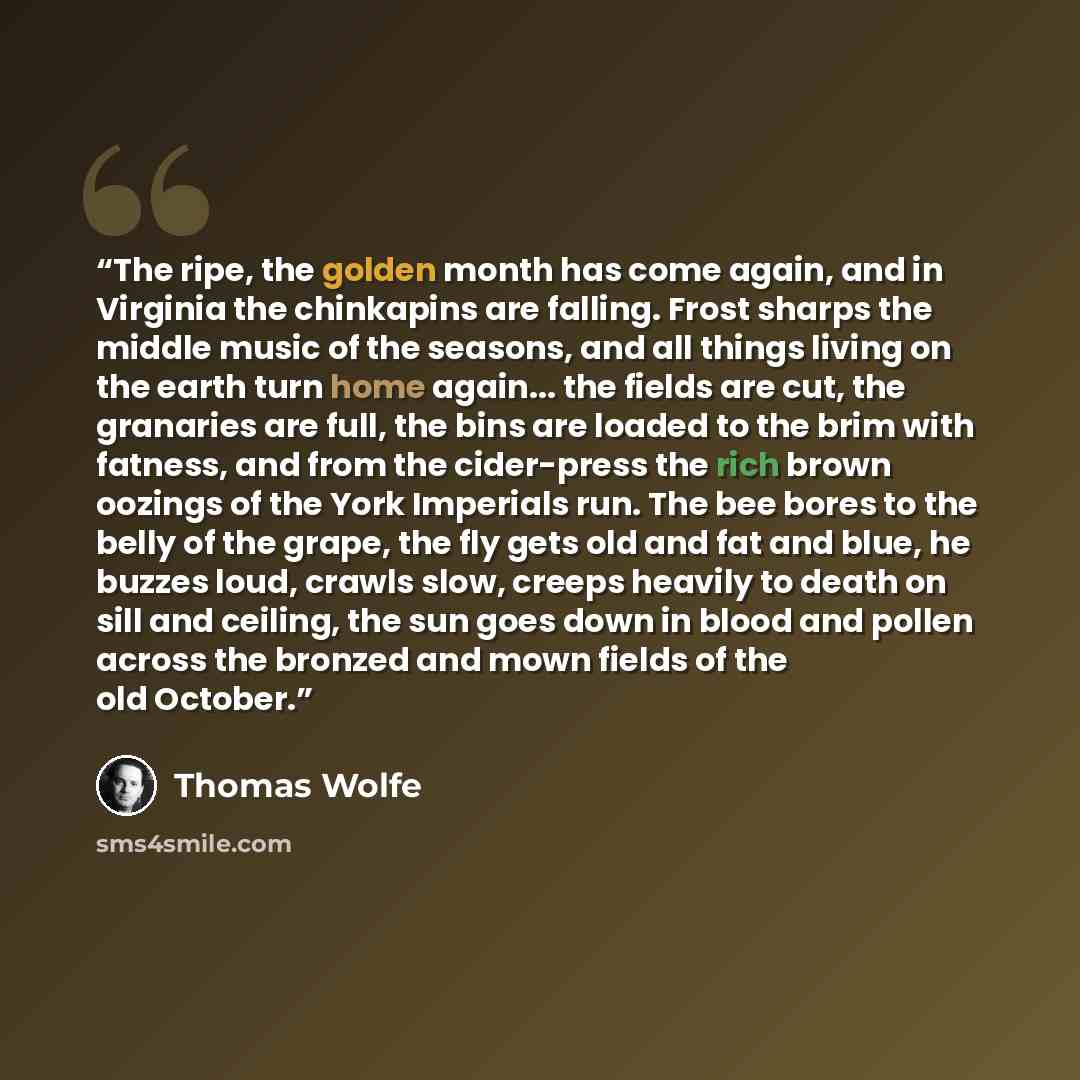 “The ripe, the golden month has come again, and in Virginia the chinkapins are falling. Frost sharps the middle music of the seasons, and all things living on the earth turn home again... the fields are cut, the granaries are full, the bins are loaded to the brim with fatness, and from the…” quote by Thomas Wolfe