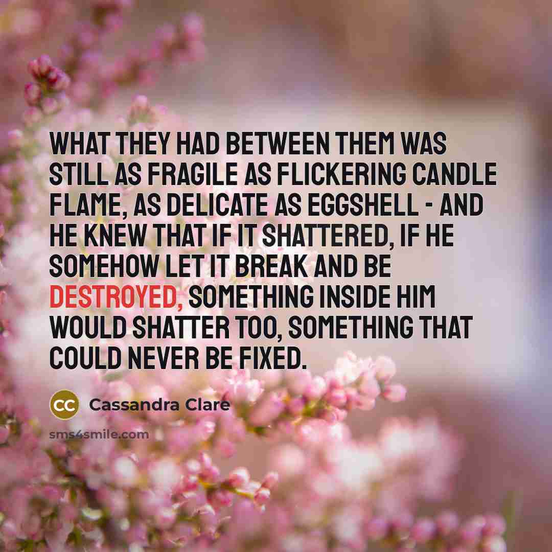 “What they had between them was still as fragile as flickering candle flame, as delicate as eggshell - and he knew that if it shattered, if he somehow let it break and be destroyed, something inside him would shatter too, something that could never be fixed.” quote by Cassandra Clare