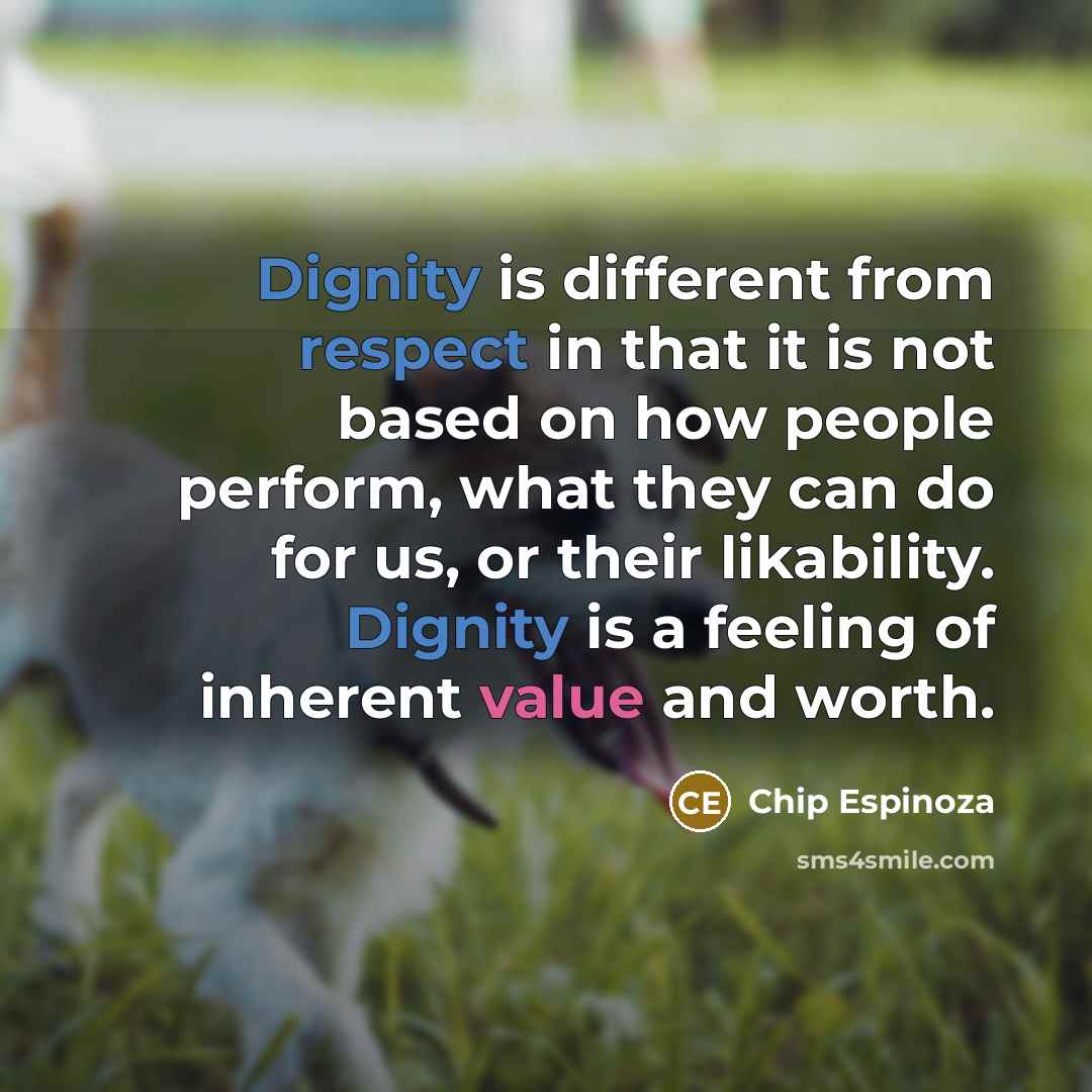 “Dignity is different from respect in that it is not based on how people perform, what they can do for us, or their likability. Dignity is a feeling of inherent value and worth.” quote by Chip Espinoza