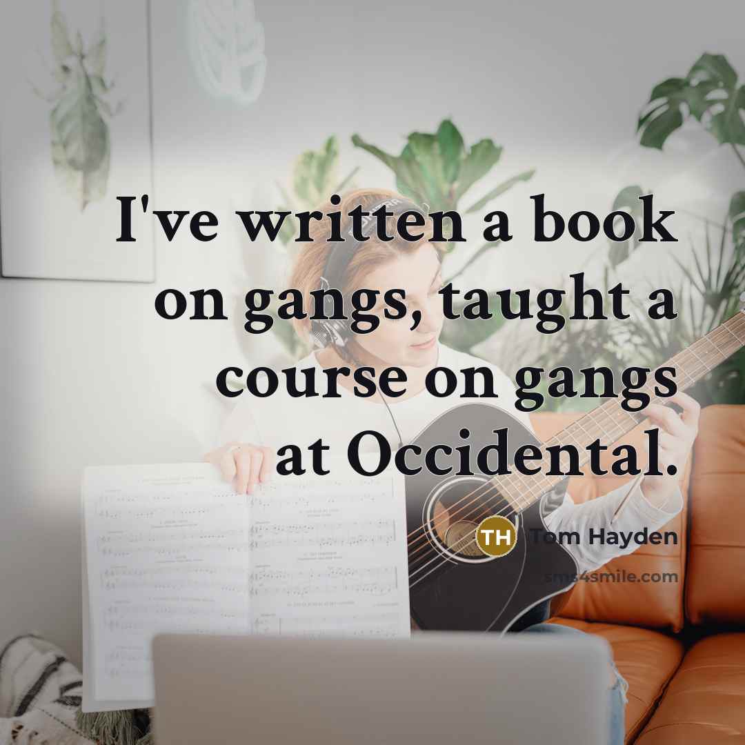 “I've written a book on gangs, taught a course on gangs at Occidental.” quote by Tom Hayden