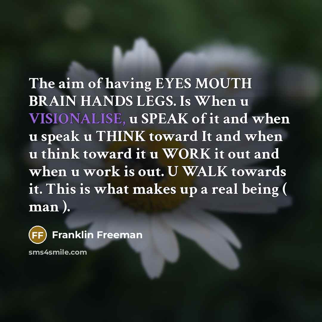 “The aim of having EYES MOUTH BRAIN HANDS LEGS. Is When u VISIONALISE, u SPEAK of it and when u speak u THINK toward It and when u think toward it u WORK it out and when u work is out. U WALK towards it. This is what makes up a real being ( man ).” quote by Franklin Freeman