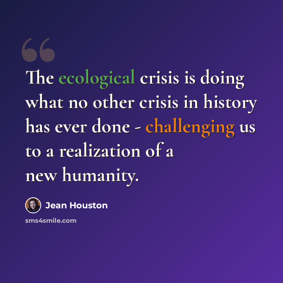 “The ecological crisis is doing what no other crisis in history has ever done - challenging us to a realization of a new humanity.” quote by Jean Houston