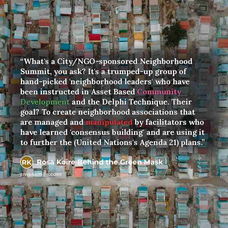 “What's a City/NGO-sponsored Neighborhood Summit, you ask? It's a trumped-up group of hand-picked 'neighborhood leaders' who have been instructed in Asset Based Community Development and the Delphi Technique. Their goal? To create neighborhood associations that are managed and manipulated by…” quote by Rosa Koire Behind the Green Mask