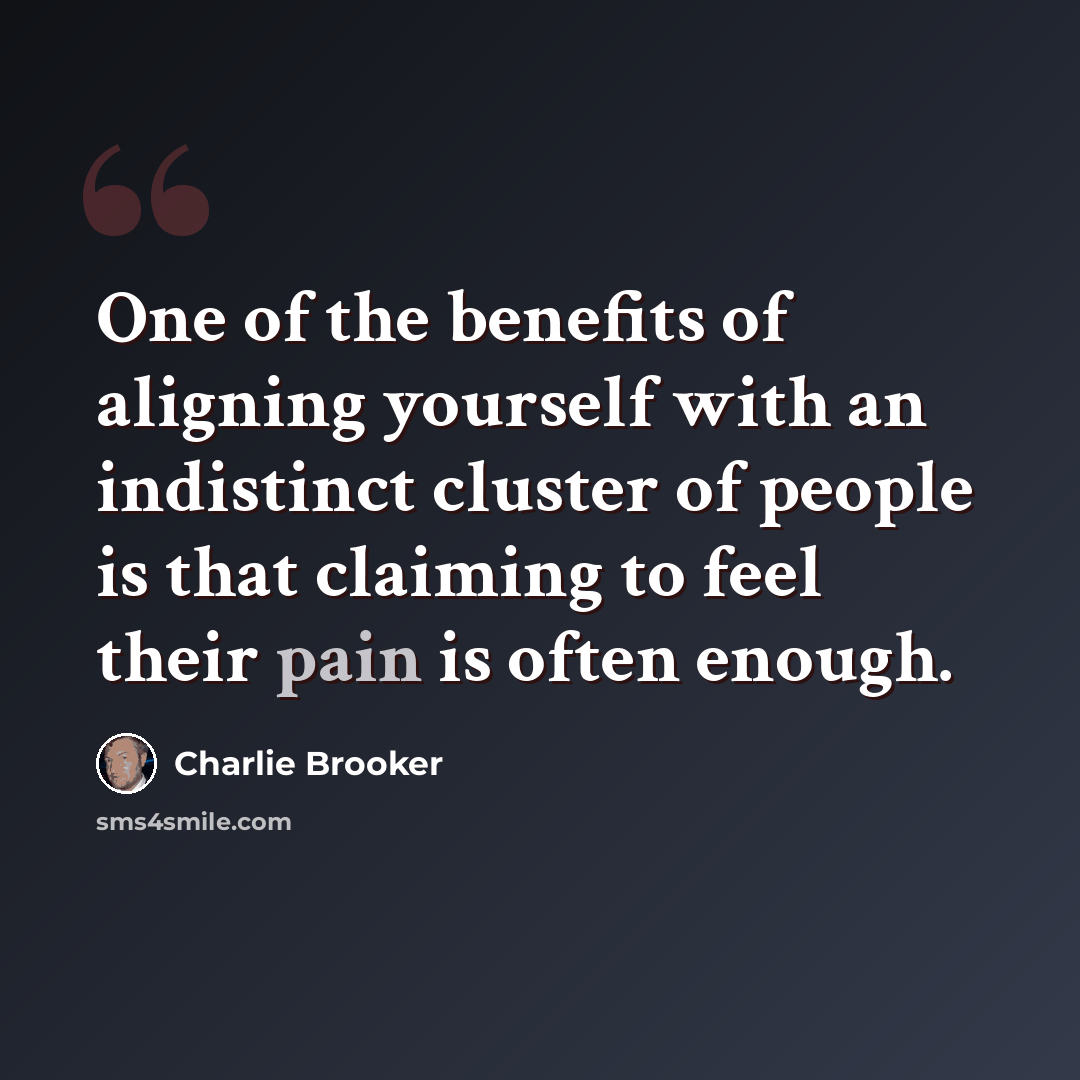 “One of the benefits of aligning yourself with an indistinct cluster of people is that claiming to feel their pain is often enough.” quote by Charlie Brooker