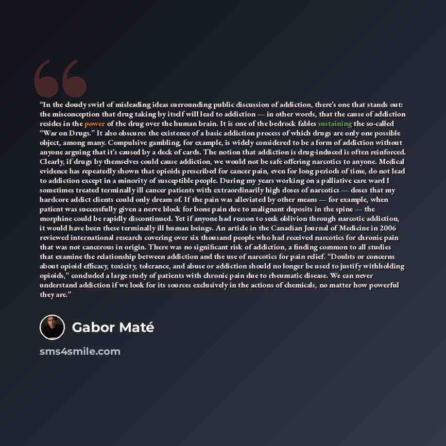 “In the cloudy swirl of misleading ideas surrounding public discussion of addiction, there’s one that stands out: the misconception that drug taking by itself will lead to addiction — in other words, that the cause of addiction resides in the power of the drug over the human brain. It is one of the…” quote by Gabor Maté