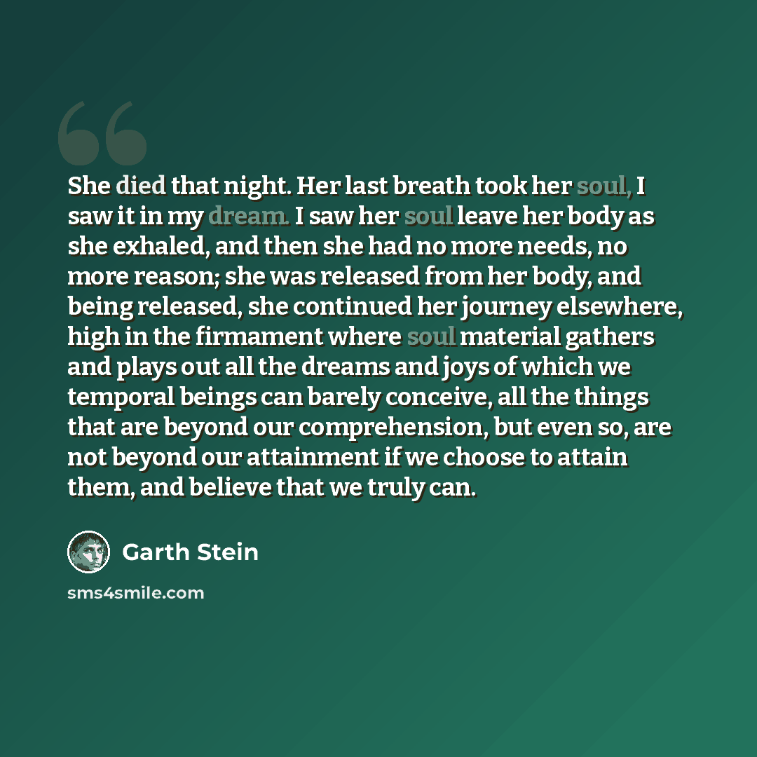 “She died that night. Her last breath took her soul, I saw it in my dream. I saw her soul leave her body as she exhaled, and then she had no more needs, no more reason; she was released from her body, and being released, she continued her journey elsewhere, high in the firmament where soul material…” quote by Garth Stein