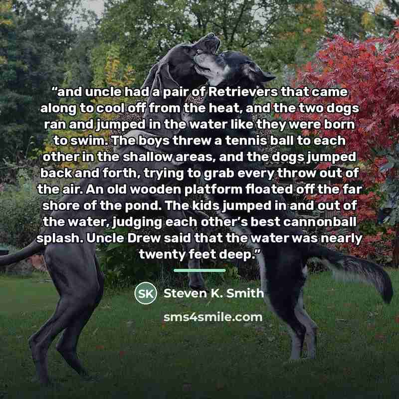 “and uncle had a pair of Retrievers that came along to cool off from the heat, and the two dogs ran and jumped in the water like they were born to swim. The boys threw a tennis ball to each other in the shallow areas, and the dogs jumped back and forth, trying to grab every throw out of the air. An…” quote by Steven K. Smith