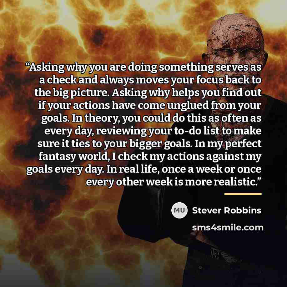 “Asking why you are doing something serves as a check and always moves your focus back to the big picture. Asking why helps you find out if your actions have come unglued from your goals. In theory, you could do this as often as every day, reviewing your to-do list to make sure it ties to your…” quote by Stever Robbins