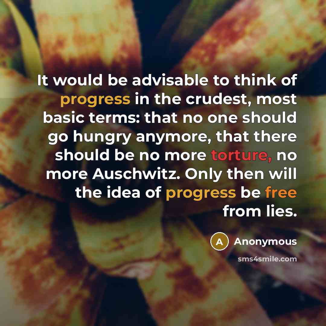 “It would be advisable to think of progress in the crudest, most basic terms: that no one should go hungry anymore, that there should be no more torture, no more Auschwitz. Only then will the idea of progress be free from lies.” quote by Anonymous