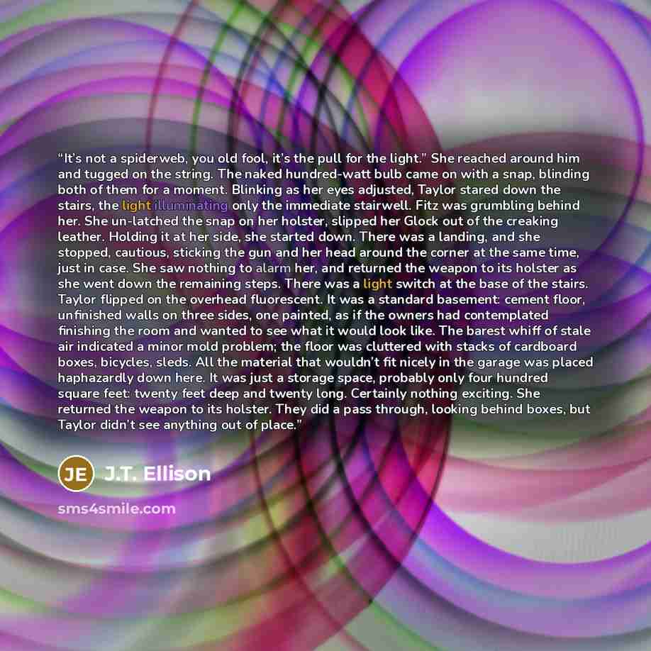 “It’s not a spiderweb, you old fool, it’s the pull for the light.” She reached around him and tugged on the string. The naked hundred-watt bulb came on with a snap, blinding both of them for a moment. Blinking as her eyes adjusted, Taylor stared down the stairs, the light illuminating only the…” quote by J.T. Ellison