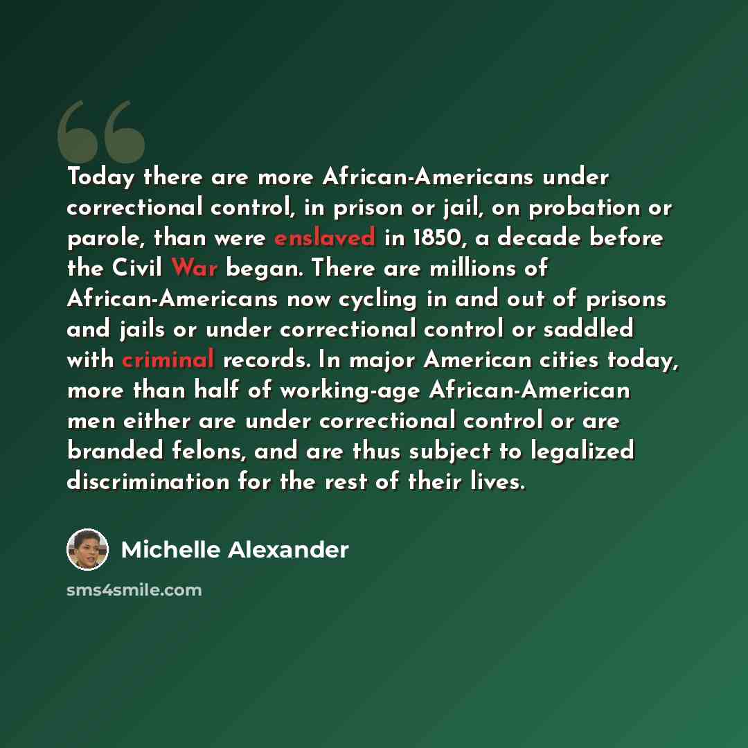 “Today there are more African-Americans under correctional control, in prison or jail, on probation or parole, than were enslaved in 1850, a decade before the Civil War began. There are millions of African-Americans now cycling in and out of prisons and jails or under correctional control or…” quote by Michelle Alexander