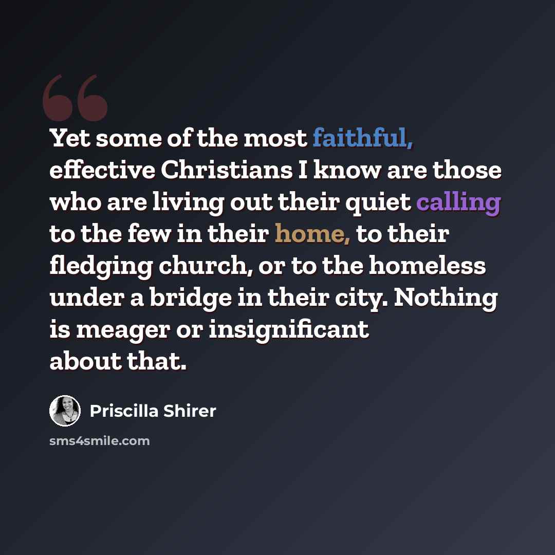 “Yet some of the most faithful, effective Christians I know are those who are living out their quiet calling to the few in their home, to their fledging church, or to the homeless under a bridge in their city. Nothing is meager or insignificant about that.” quote by Priscilla Shirer