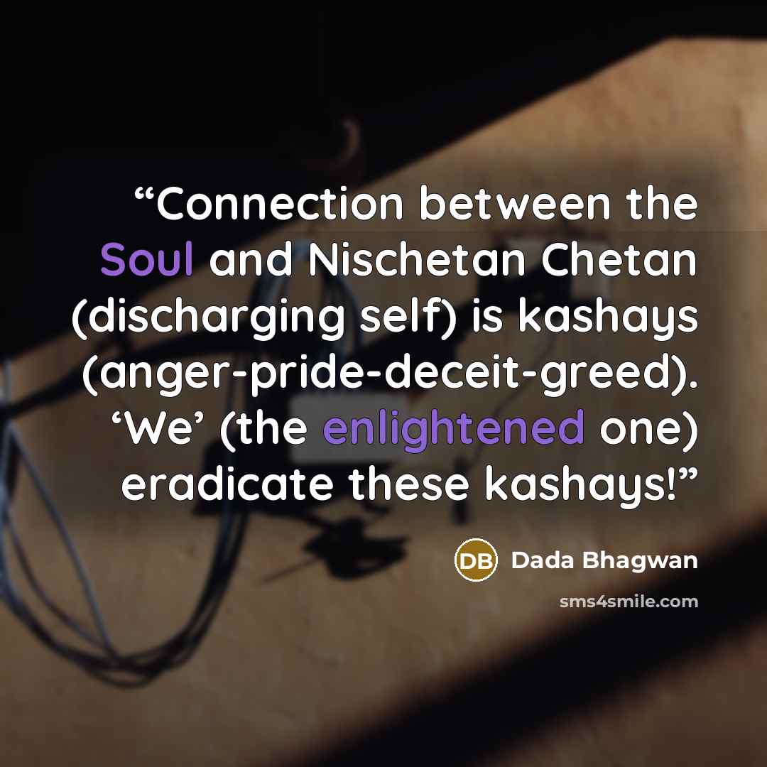 “Connection between the Soul and Nischetan Chetan (discharging self) is kashays (anger-pride-deceit-greed). ‘We’ (the enlightened one) eradicate these kashays!” quote by Dada Bhagwan