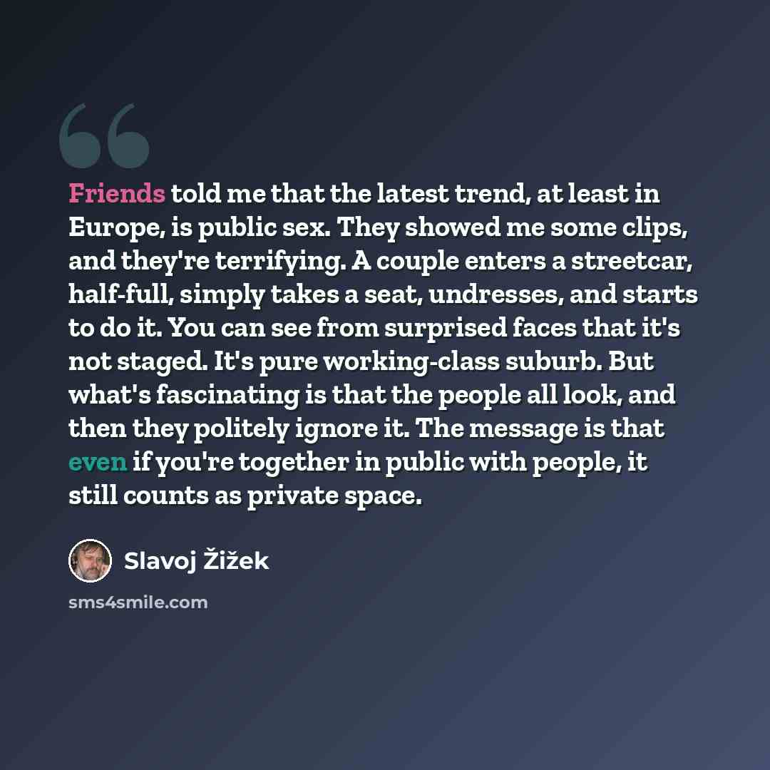 “Friends told me that the latest trend, at least in Europe, is public sex. They showed me some clips, and they're terrifying. A couple enters a streetcar, half-full, simply takes a seat, undresses, and starts to do it. You can see from surprised faces that it's not staged. It's pure working-class…” quote by Slavoj Žižek