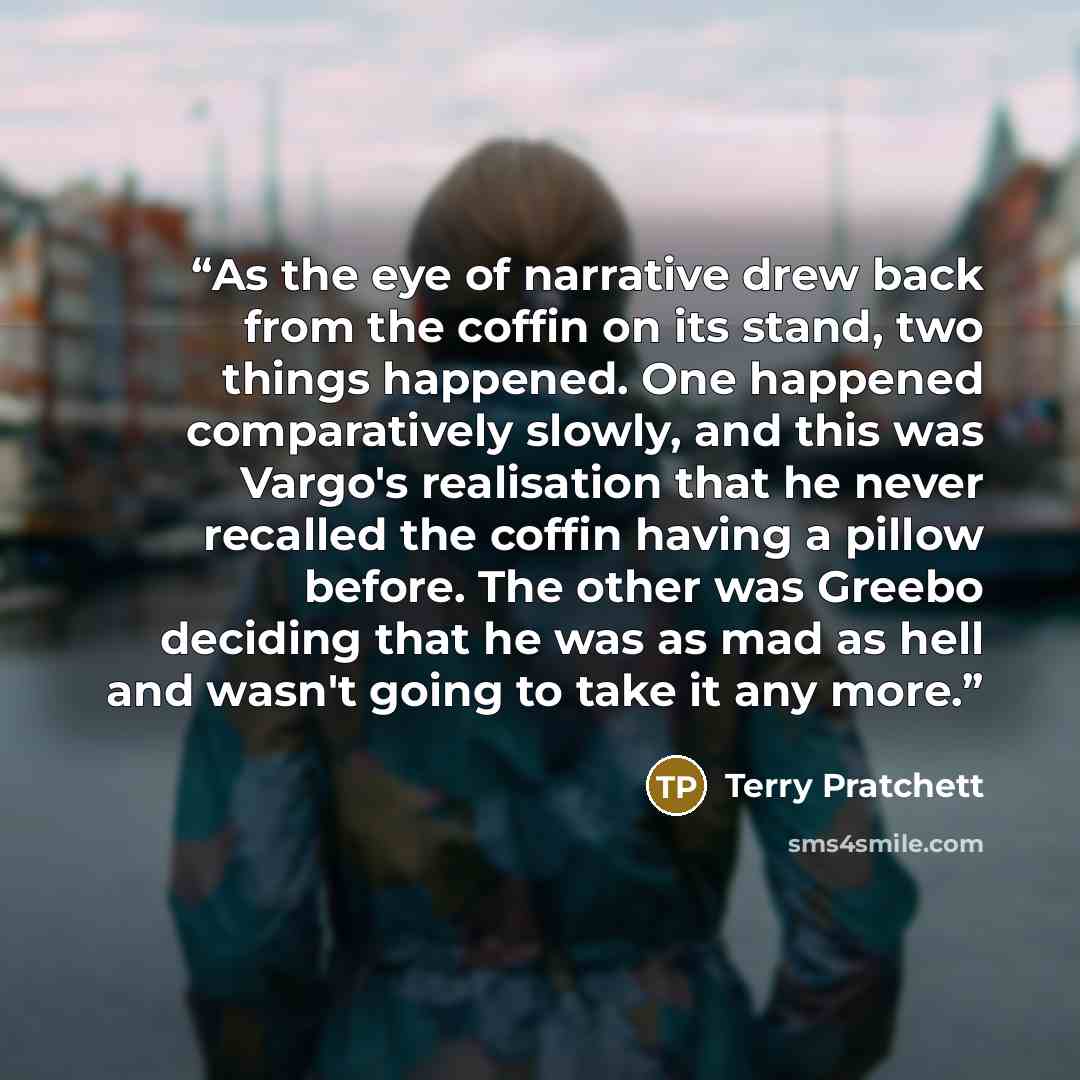 “As the eye of narrative drew back from the coffin on its stand, two things happened. One happened comparatively slowly, and this was Vargo's realisation that he never recalled the coffin having a pillow before. The other was Greebo deciding that he was as mad as hell and wasn't going to take it…” quote by Terry Pratchett
