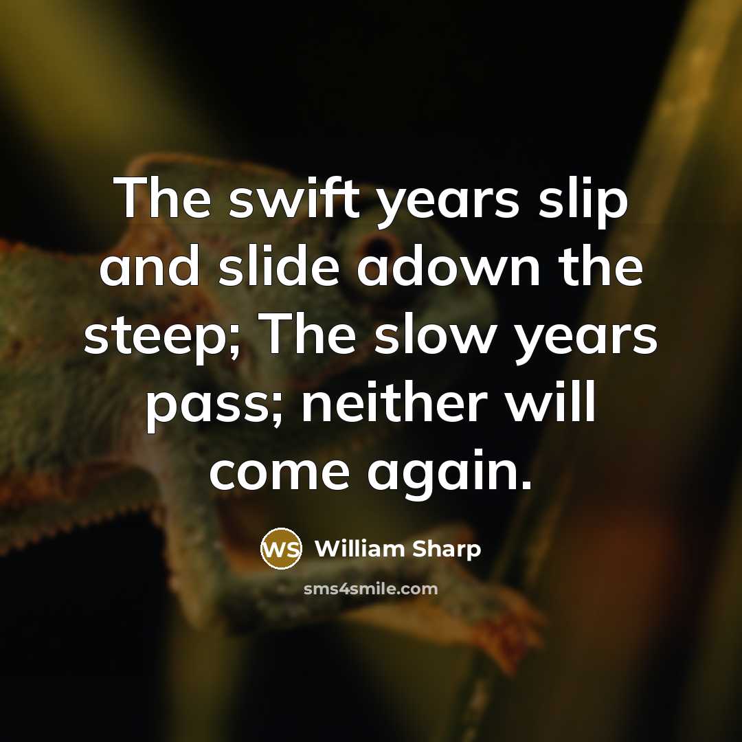 “The swift years slip and slide adown the steep; The slow years pass; neither will come again.” quote by William Sharp