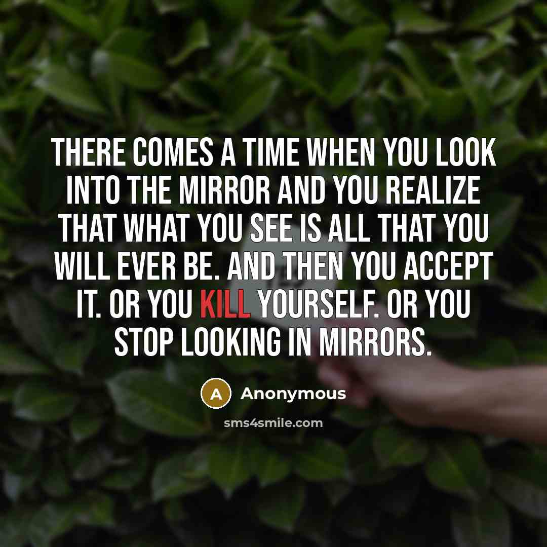 “There comes a time when you look into the mirror and you realize that what you see is all that you will ever be. And then you accept it. Or you kill yourself. Or you stop looking in mirrors.” quote by Anonymous