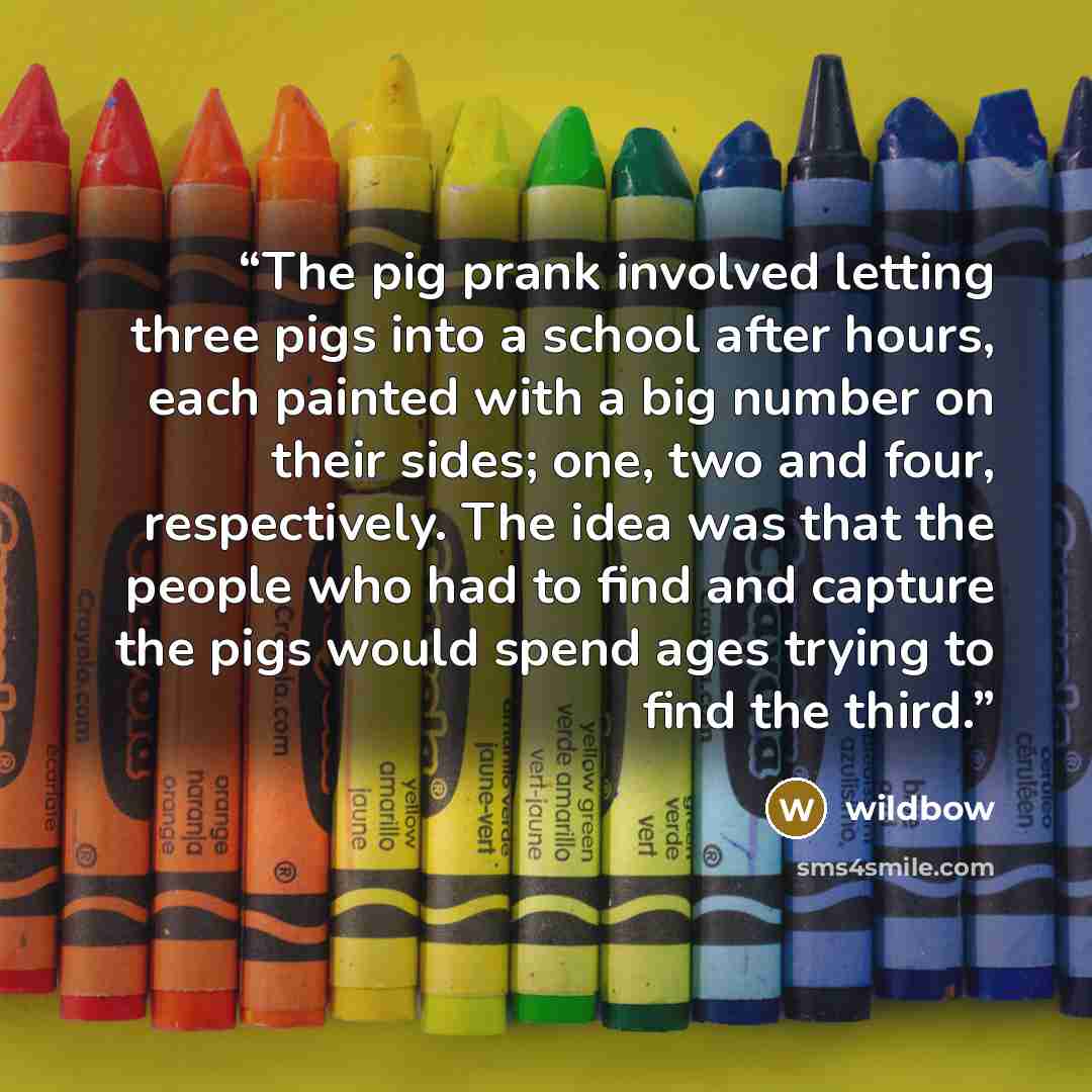 “The pig prank involved letting three pigs into a school after hours, each painted with a big number on their sides; one, two and four, respectively. The idea was that the people who had to find and capture the pigs would spend ages trying to find the third.” quote by wildbow