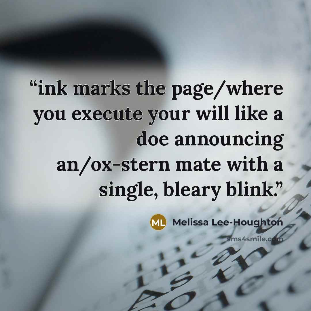 “ink marks the page/where you execute your will like a doe announcing an/ox-stern mate with a single, bleary blink.” quote by Melissa Lee-Houghton