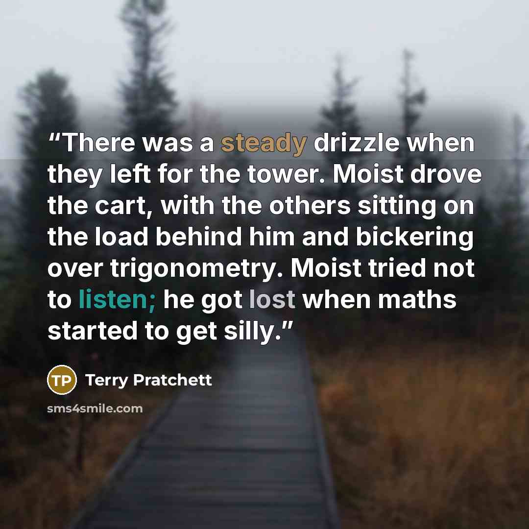 “There was a steady drizzle when they left for the tower. Moist drove the cart, with the others sitting on the load behind him and bickering over trigonometry. Moist tried not to listen; he got lost when maths started to get silly.” quote by Terry Pratchett