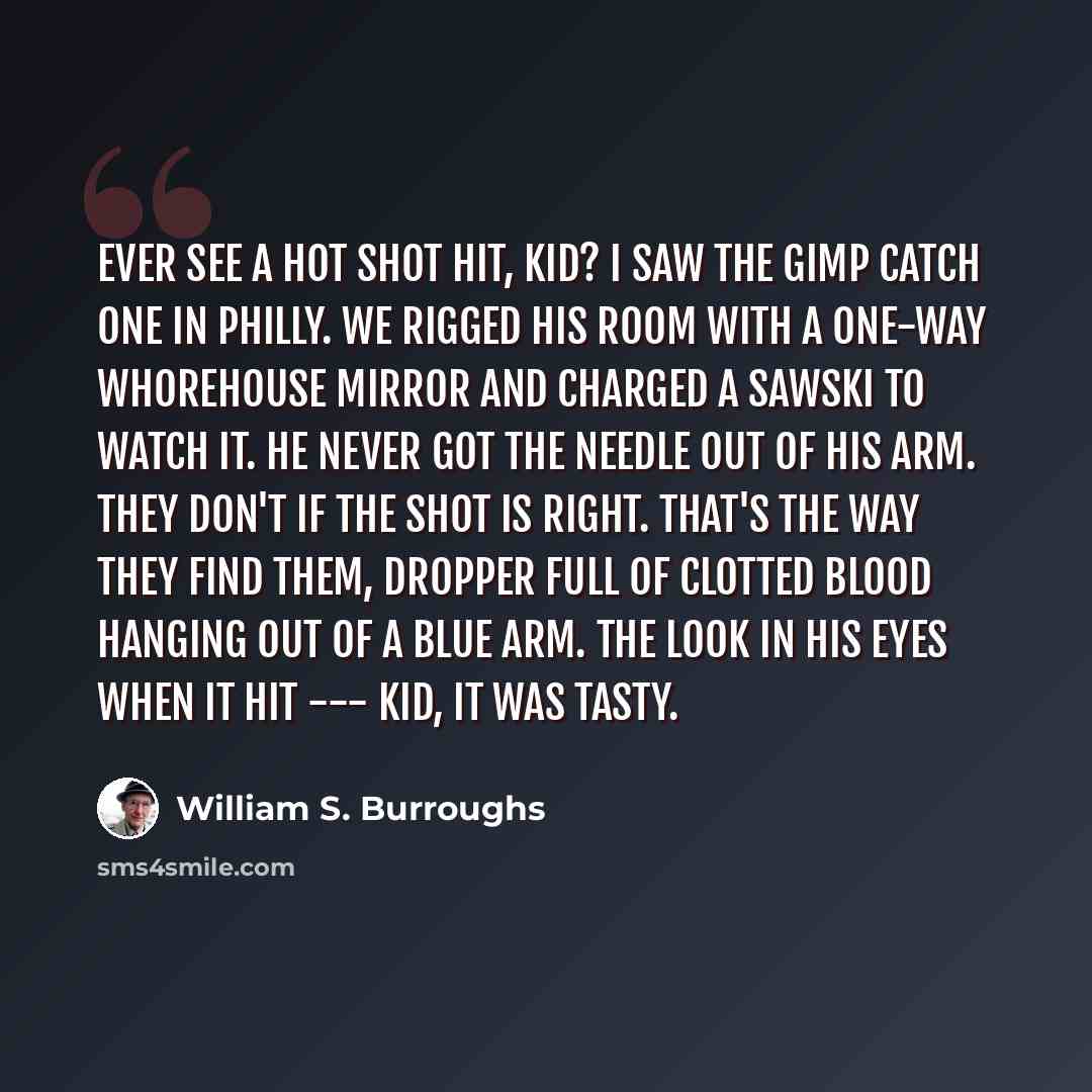 “Ever see a hot shot hit, kid? I saw the Gimp catch one in Philly. We rigged his room with a one-way whorehouse mirror and charged a sawski to watch it. He never got the needle out of his arm. They don't if the shot is right. That's the way they find them, dropper full of clotted blood hanging out…” quote by William S. Burroughs