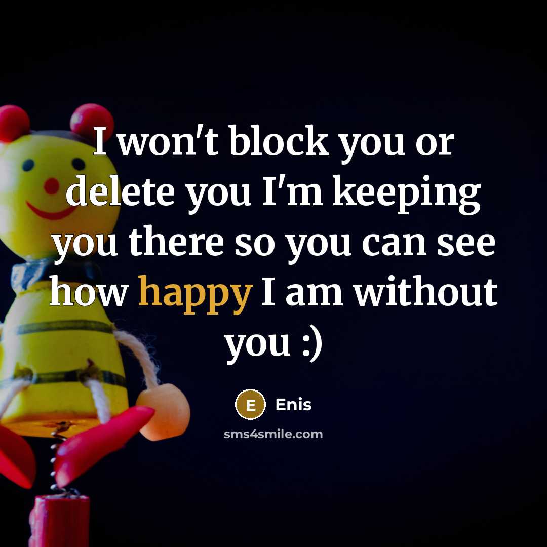 “I won't block you or delete you I'm keeping you there so you can see how happy I am without you :)” quote by Enis