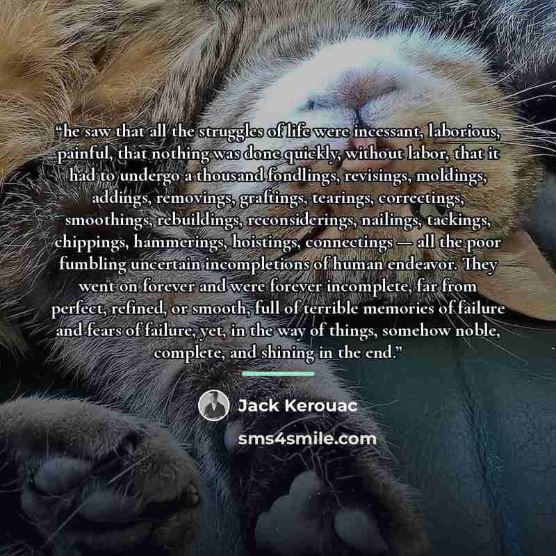 “he saw that all the struggles of life were incessant, laborious, painful, that nothing was done quickly, without labor, that it had to undergo a thousand fondlings, revisings, moldings, addings, removings, graftings, tearings, correctings, smoothings, rebuildings, reconsiderings, nailings…” quote by Jack Kerouac
