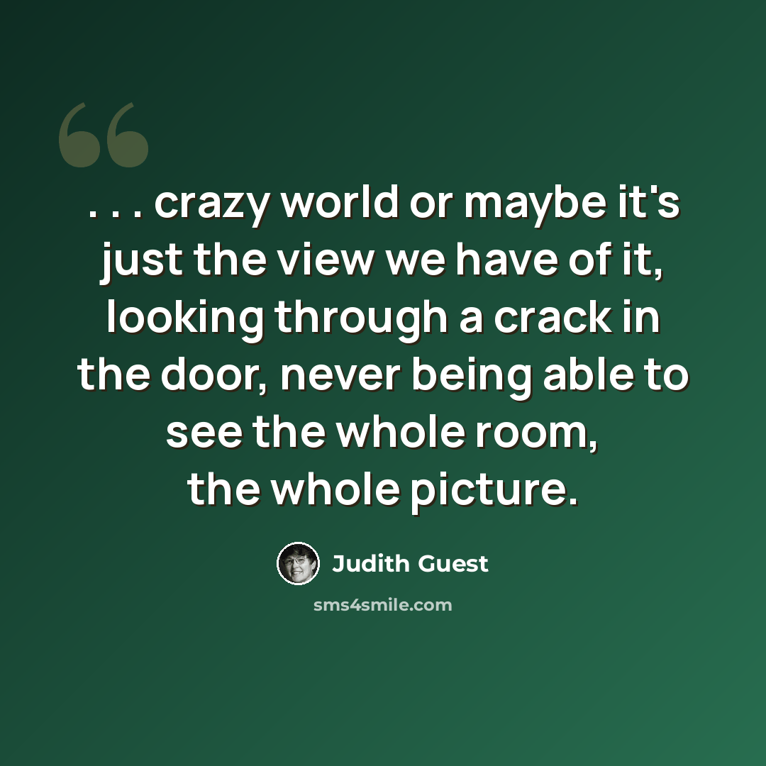 “. . . crazy world or maybe it's just the view we have of it, looking through a crack in the door, never being able to see the whole room, the whole picture.” quote by Judith Guest
