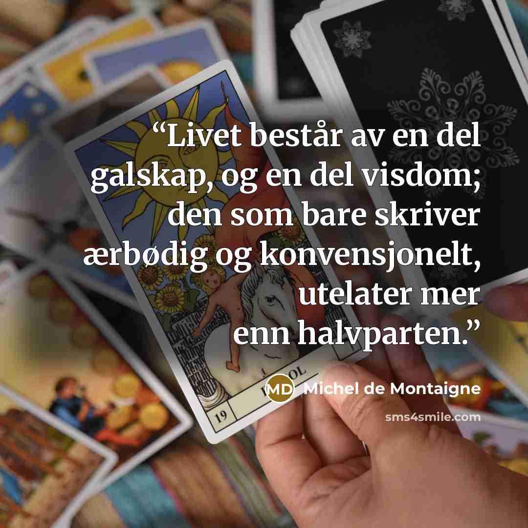 “Livet består av en del galskap, og en del visdom; den som bare skriver ærbødig og konvensjonelt, utelater mer enn halvparten.” quote by Michel de Montaigne