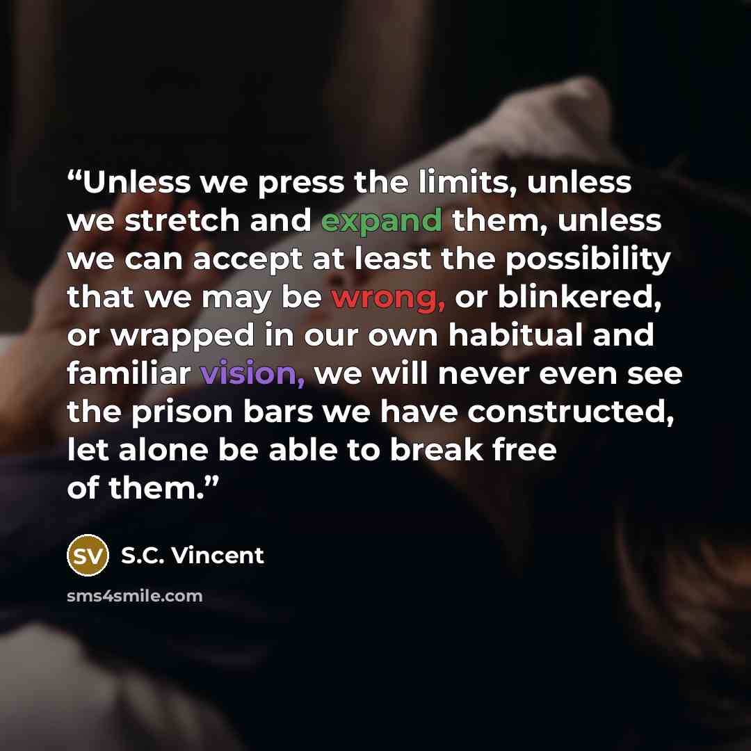 “Unless we press the limits, unless we stretch and expand them, unless we can accept at least the possibility that we may be wrong, or blinkered, or wrapped in our own habitual and familiar vision, we will never even see the prison bars we have constructed, let alone be able to break free of them.” quote by S.C. Vincent