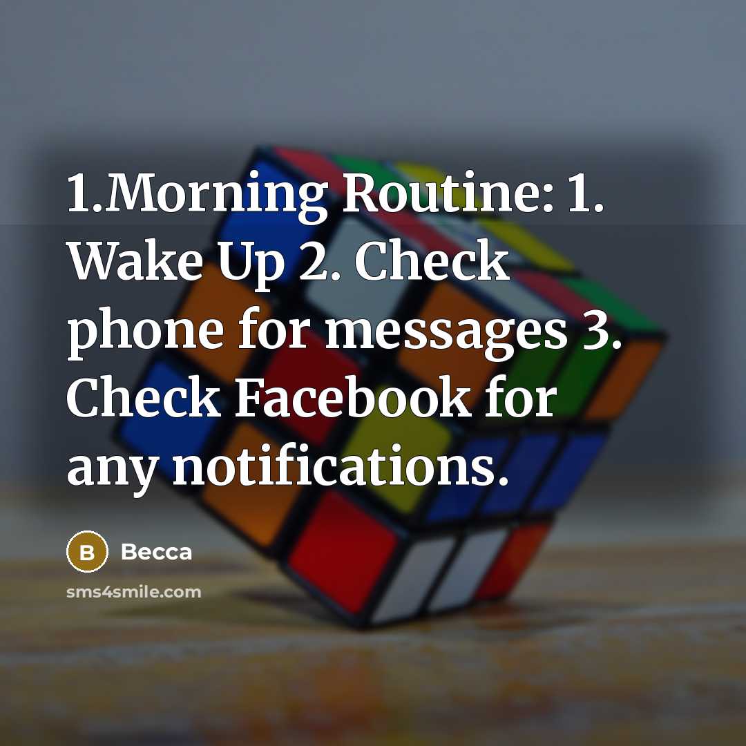 “1.Morning Routine: 1. Wake Up 2. Check phone for messages 3. Check Facebook for any notifications.” quote by Becca