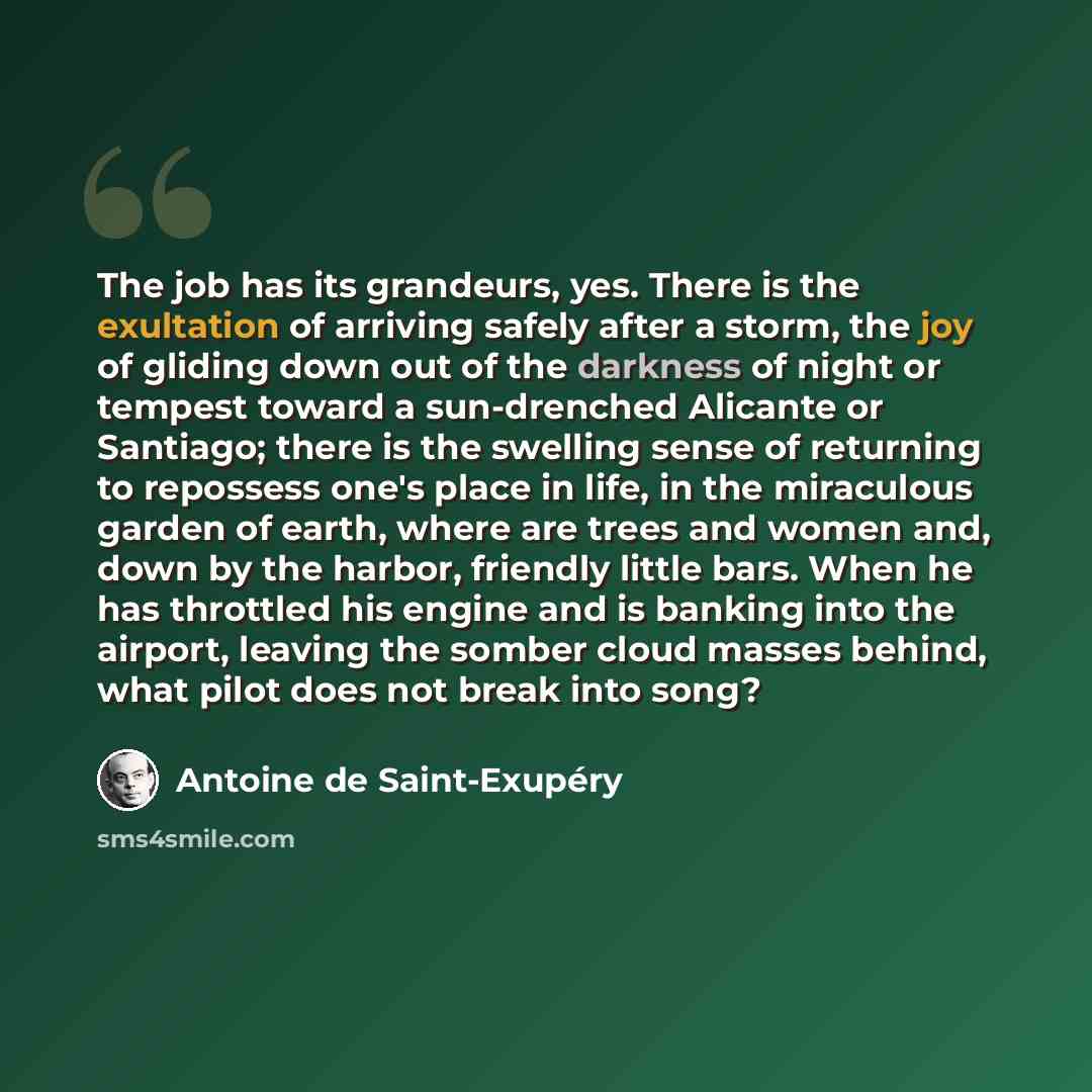“The job has its grandeurs, yes. There is the exultation of arriving safely after a storm, the joy of gliding down out of the darkness of night or tempest toward a sun-drenched Alicante or Santiago; there is the swelling sense of returning to repossess one's place in life, in the miraculous garden…” quote by Antoine de Saint-Exupery